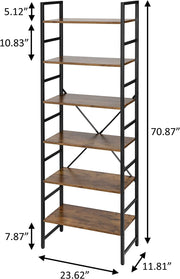 6 Tier Bookshelf Freestanding Open Bookcase Book Storage Unit Shelf with Adjustable Feet for Home Living Room, Kitchen, Office, Vintage Style Board