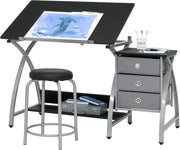 2 Piece Comet Art  Drafting, Craft Table with 36"W x 23.75"D Angle Adjustable Top and Stool in Silver/Black, Assembled Dimensions: 50" W x x 29.5"