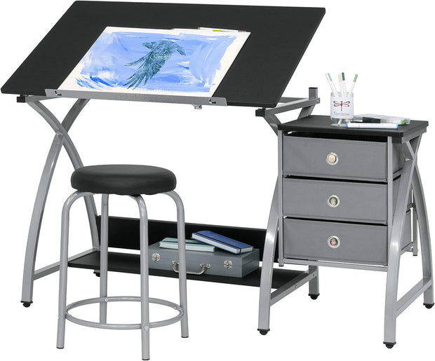 2 Piece Comet Art  Drafting, Craft Table with 36"W x 23.75"D Angle Adjustable Top and Stool in Silver/Black, Assembled Dimensions: 50" W x x 29.5"