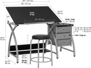 2 Piece Comet Art  Drafting, Craft Table with 36"W x 23.75"D Angle Adjustable Top and Stool in Silver/Black, Assembled Dimensions: 50" W x x 29.5"