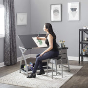 2 Piece Comet Art  Drafting, Craft Table with 36"W x 23.75"D Angle Adjustable Top and Stool in Silver/Black, Assembled Dimensions: 50" W x x 29.5"